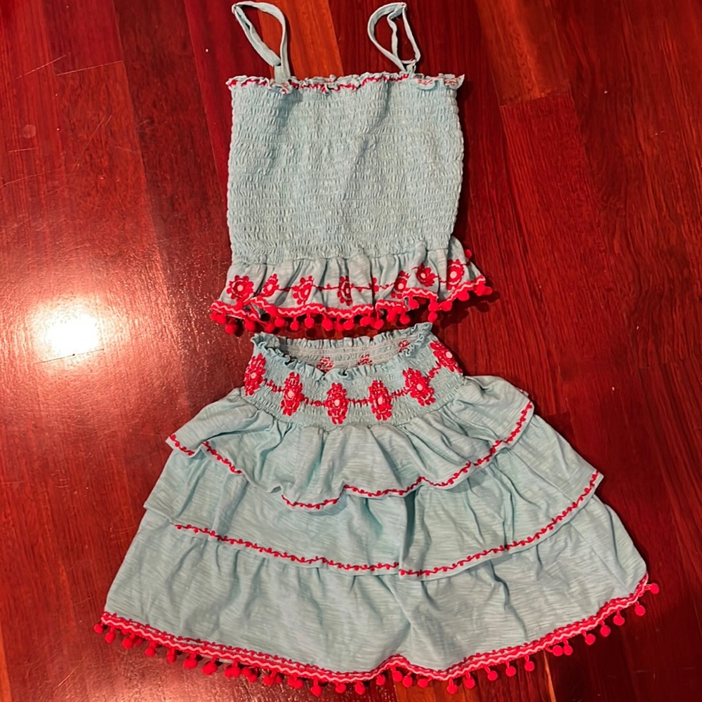Turquoise Tank top and skirt set with red flower and Pom Pom details